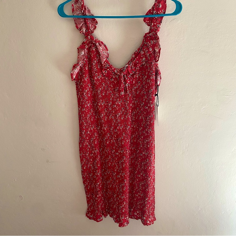 Never worn, Red detailed dress with ruched fitting, and detailed straps